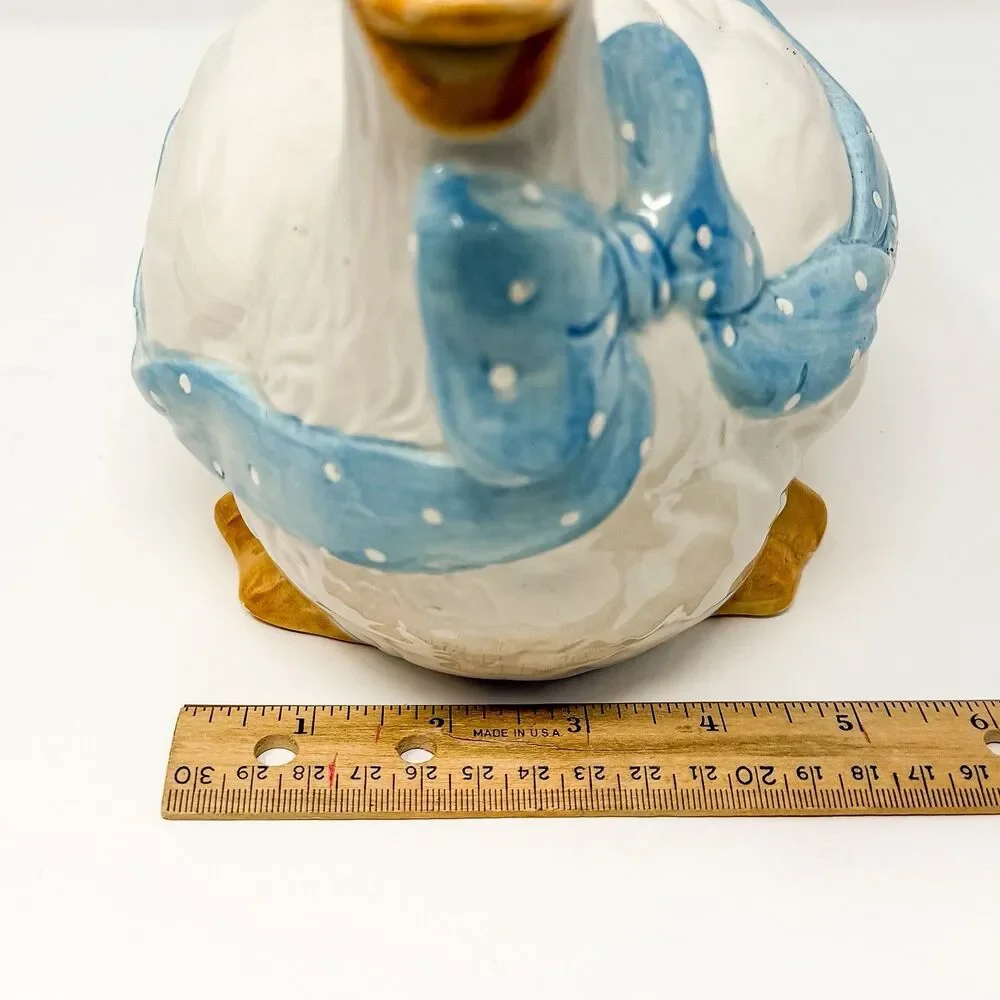 Vintage Ceramic Goose Teapot Blue Polka Dot Bow Cottagecore Country Kitchen